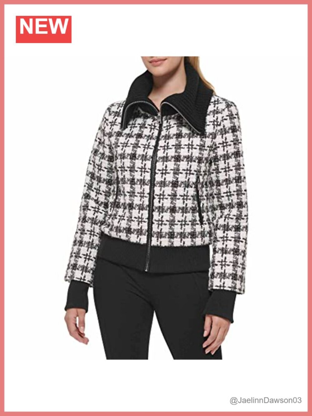 Knit Collar Faux Leather Trim Bomber Jacket Zip Up